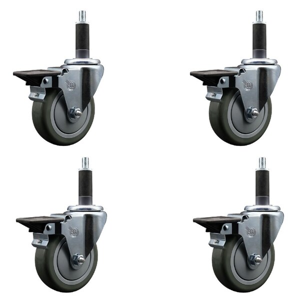 4'' Gray Poly Swivel 1'' Expanding Stem Caster Set with Brake, 4PK
